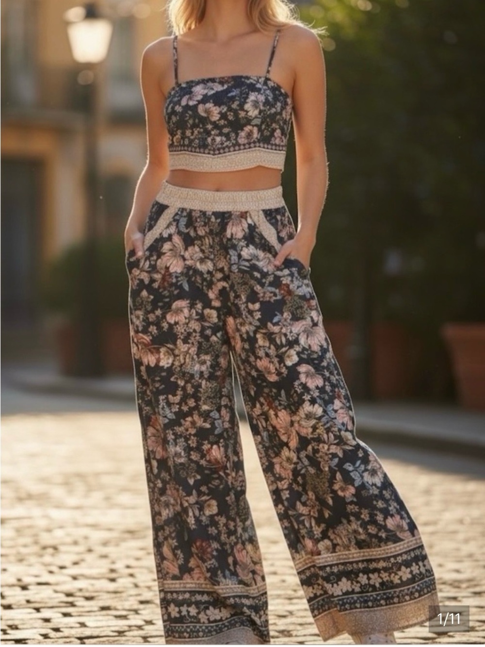 Floral Wide-Leg Crop Jumpsuit Set - Navy blue